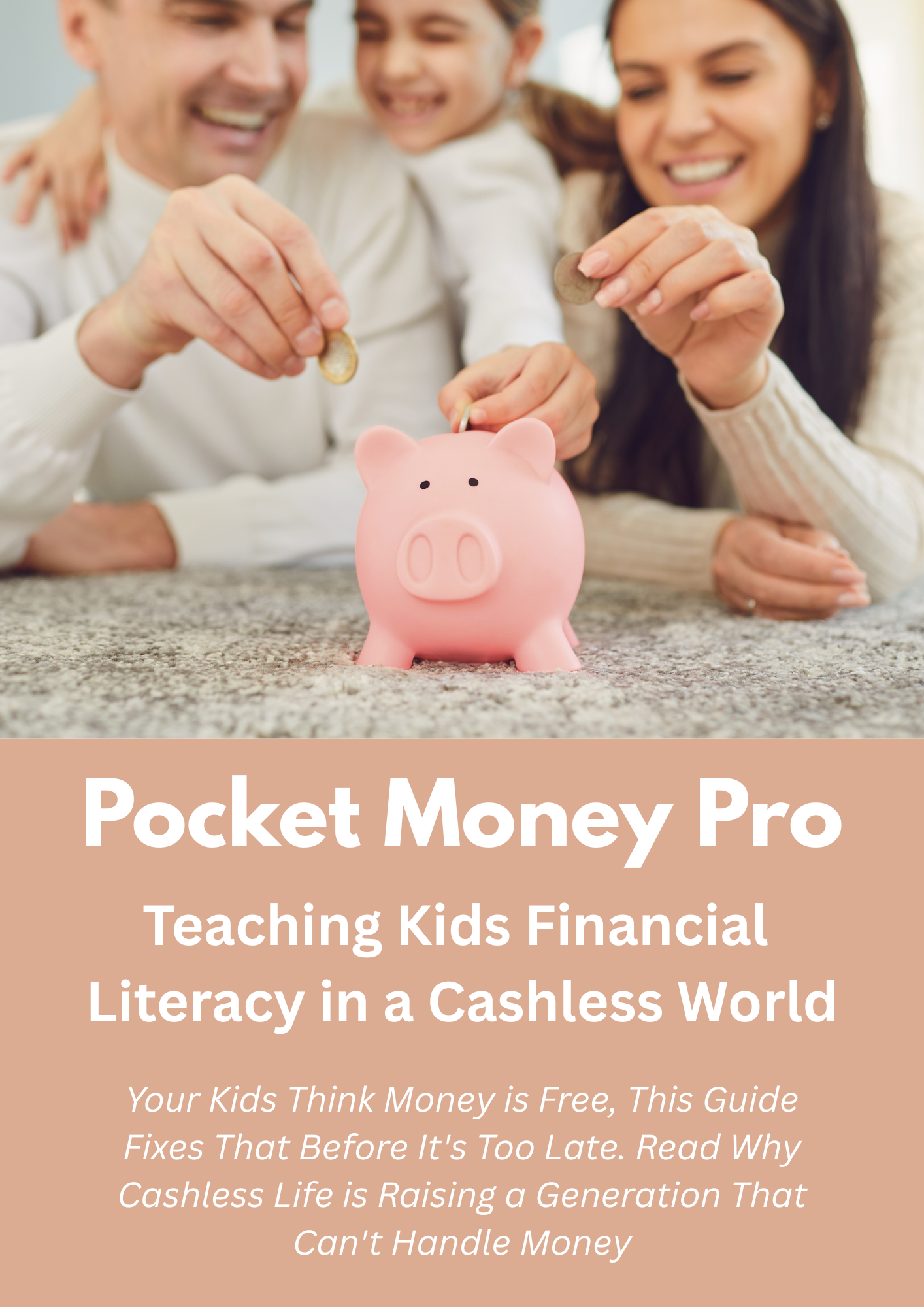 ebook cover featuring a family placing coins into a pink piggy bank, teaching kids financial literacy and money management in a cashless world.