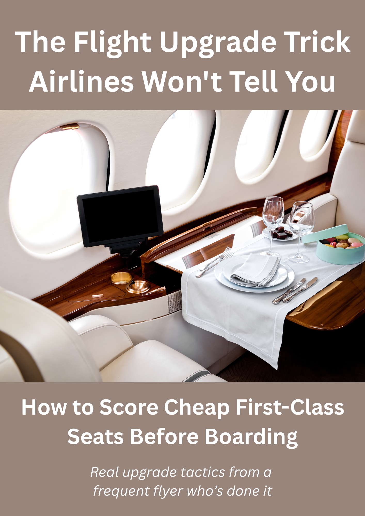 The Flight Upgrade Trick Airlines Won’t Tell You” ebook cover featuring a luxury first-class airplane seat and dining setup, with text about scoring cheap first-class upgrades before boarding.
