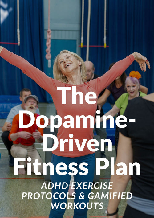Woman in a coral top laughing with arms raised joyfully in a community sports hall, surrounded by a diverse group of adults exercising together, overlaid with the title The Dopamine-Driven Fitness Plan — ADHD Exercise Protocols and Gamified Workouts