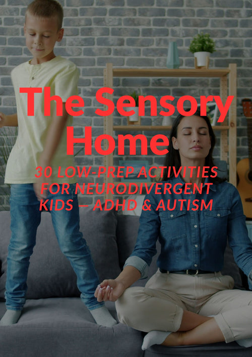 Mother sitting cross-legged meditating peacefully in the foreground while her young child plays independently in the background, illustrating the calm home environment supported by The Sensory Home activity guide